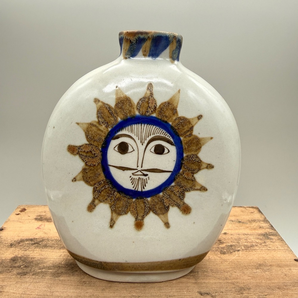Vintage Tonala Mexico Studio Pottery Sun Face Vase Hand Painted Folk Art 7 Inch